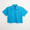 Guayabera Dama cubana 2 bolsas color azul turquesa