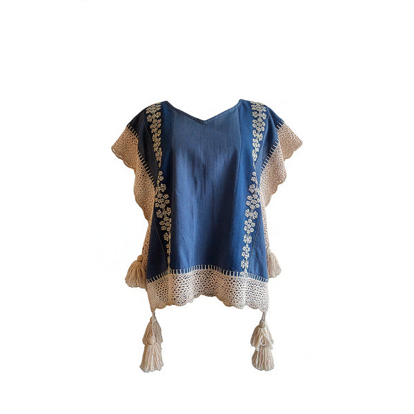 Ensamble bordado artesanal con detalle tejido a crochet con motas de alpaca